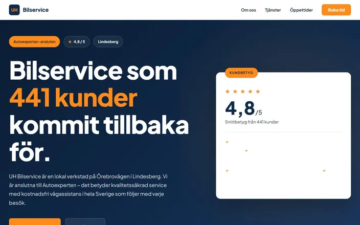 Skärmdump av UH Bilservice ABs hemsida
