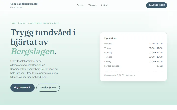Skärmdump av Uske Tandläkarpraktiks hemsida