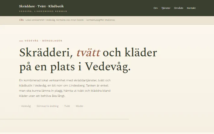 Skärmdump av Skräddare, tvätt & klädbutik i Vedevågs hemsida