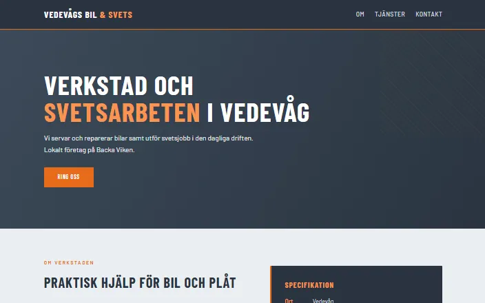 Skärmdump av Vedevågs Bil och Svetss hemsida