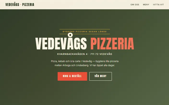 Skärmdump av Vedevågs Pizzerias hemsida
