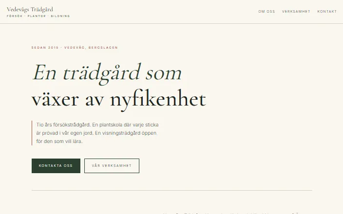 Skärmdump av Vedevågs Trädgårds hemsida