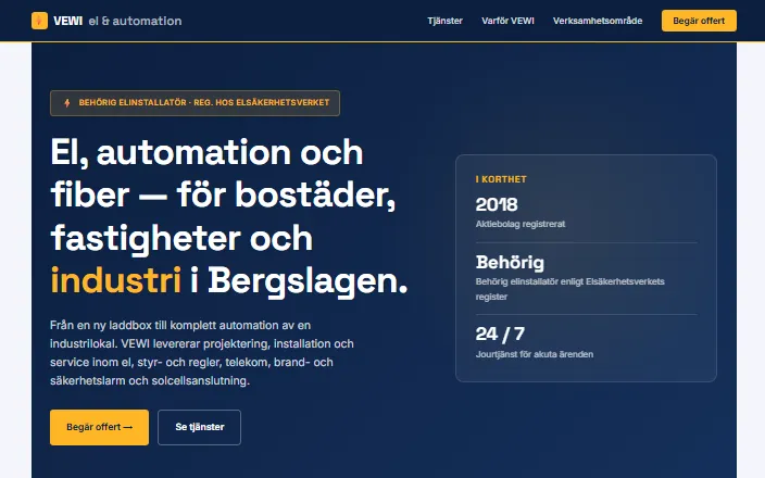Skärmdump av VEWI el & automations hemsida