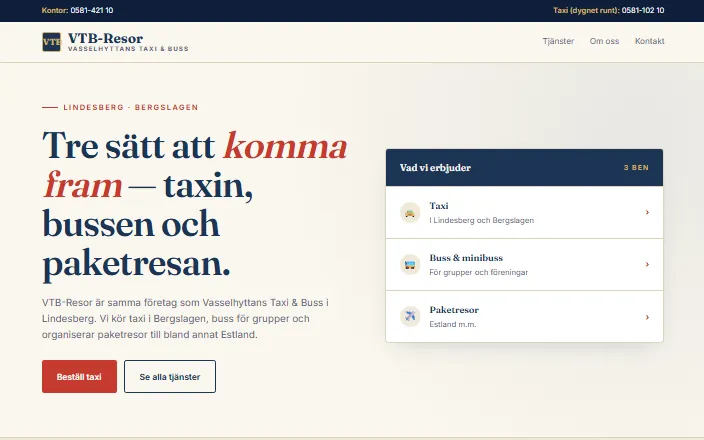 Skärmdump av VTB-Resors hemsida
