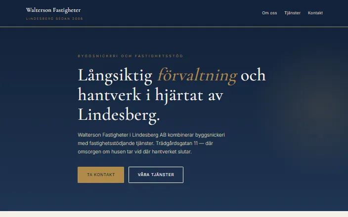 Skärmdump av Walterson Fastigheter i Lindesberg ABs hemsida