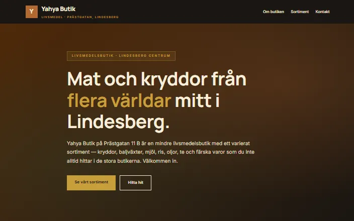 Skärmdump av Yahya Butiks hemsida
